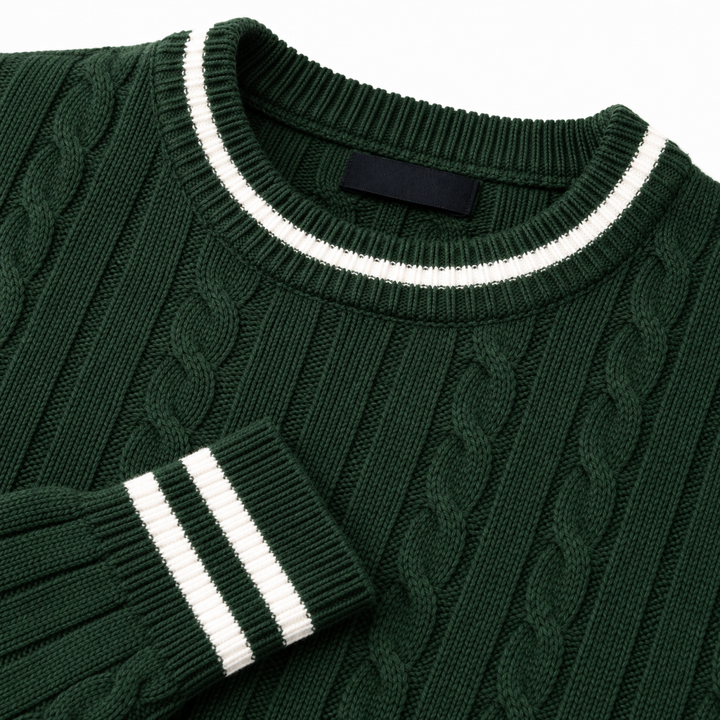Dark Green Cable Knit Sweater with White Trim | Berrigton Naidi