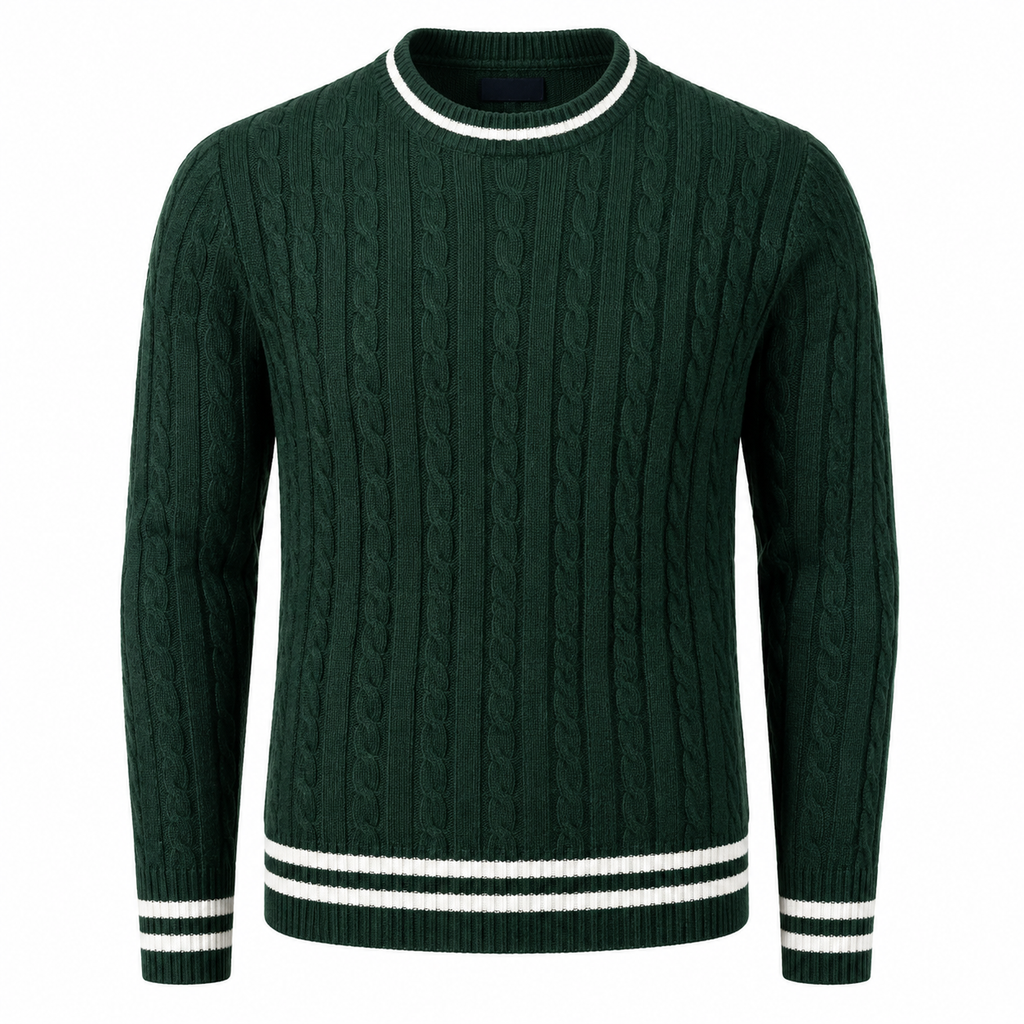 Dark Green Cable Knit Sweater with White Trim | Berrigton Naidi