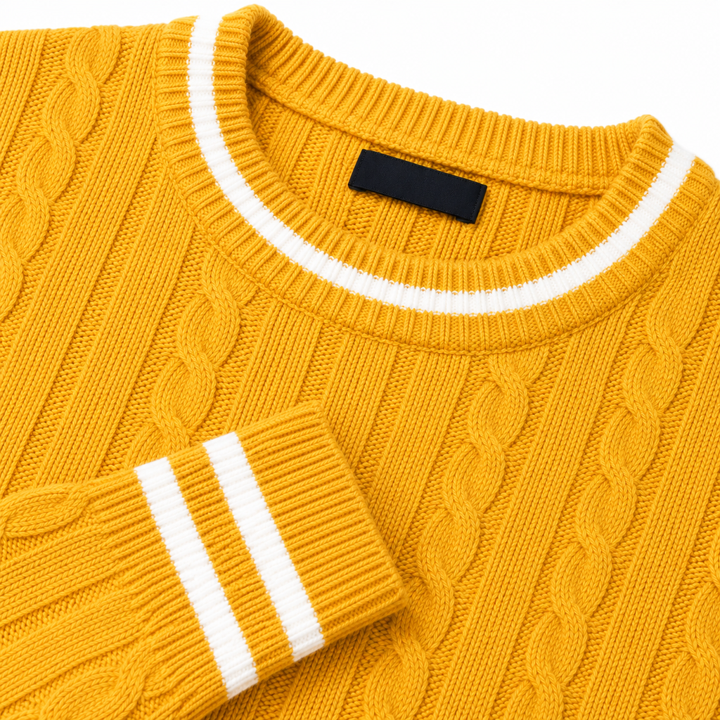Mustard Yellow Cable Knit Sweater with White Trim | Berrigton Naidi