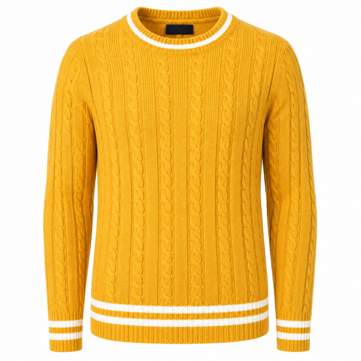 Mustard Yellow Cable Knit Sweater with White Trim | Berrigton Naidi